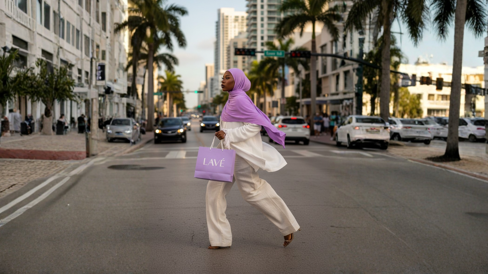 a woman is running with lave hijab